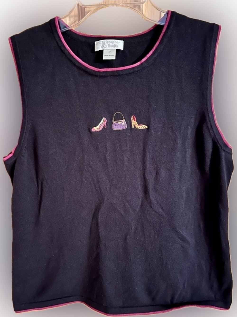 Christopher & Banks Y2K Knit Embroidered Cotton Tank Top Pink Trim SZ M Purse